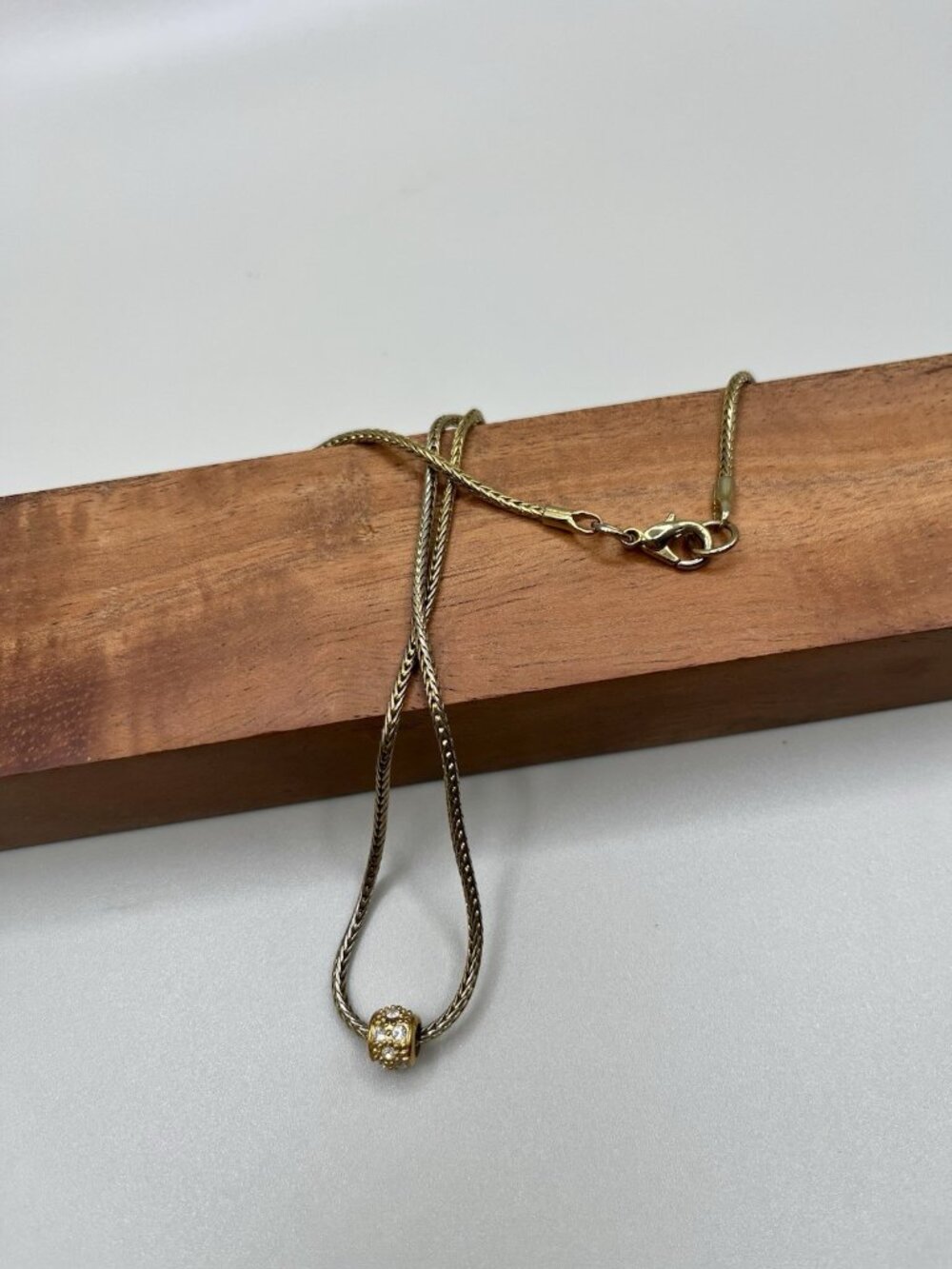 Vintage Gold Tone Snake Chain Necklace Crystal Barrel Slide Bead Dainty Clean